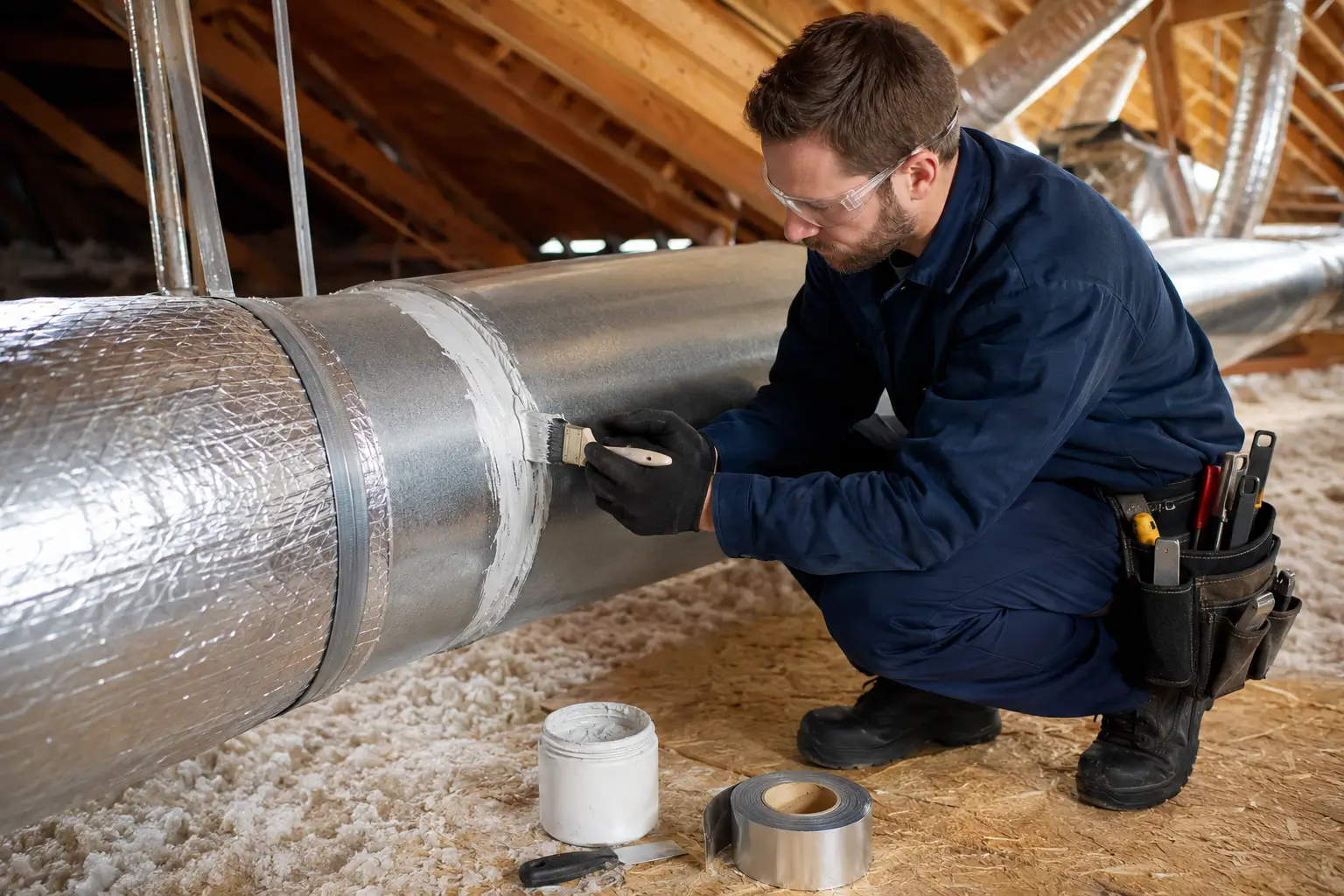 HVAC technician applying sealing mastic to repair a leaking air duct