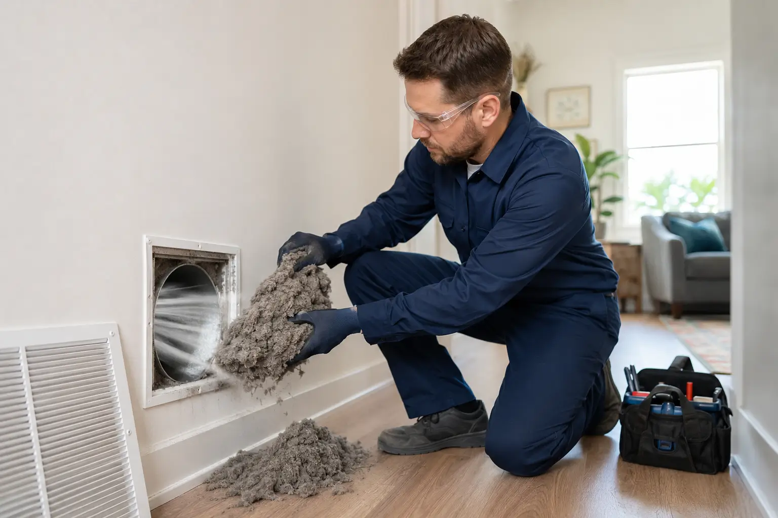 HVAC technician removing dust and debris blocking airflow from a residential air vent