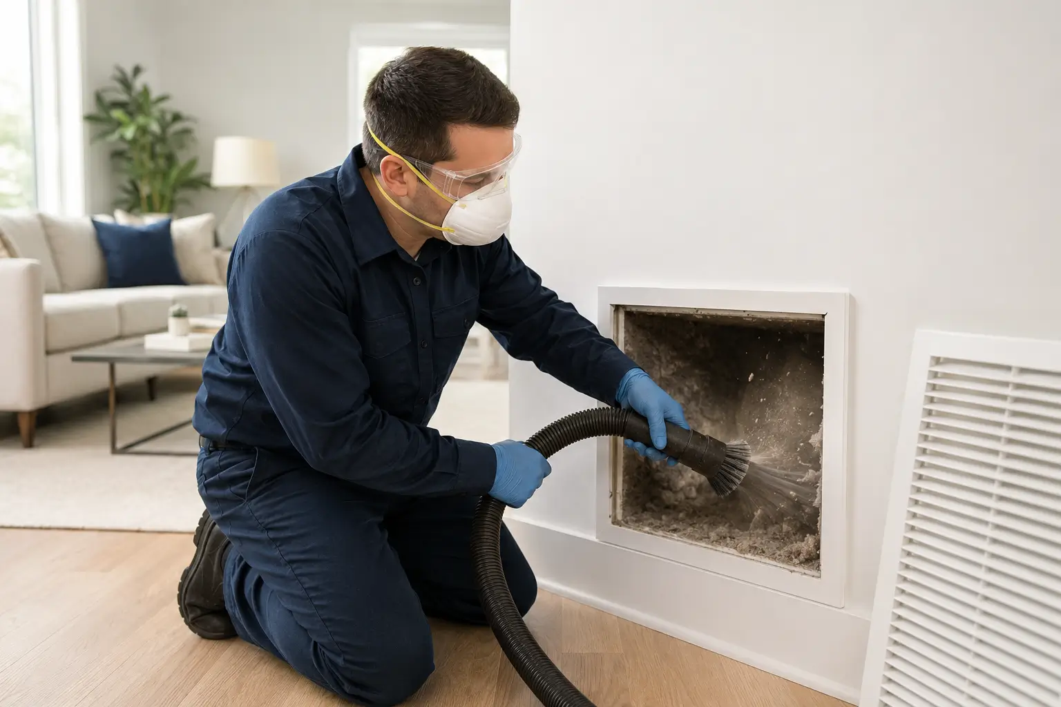 Technician removing accumulated dust and allergens from a residential air duct