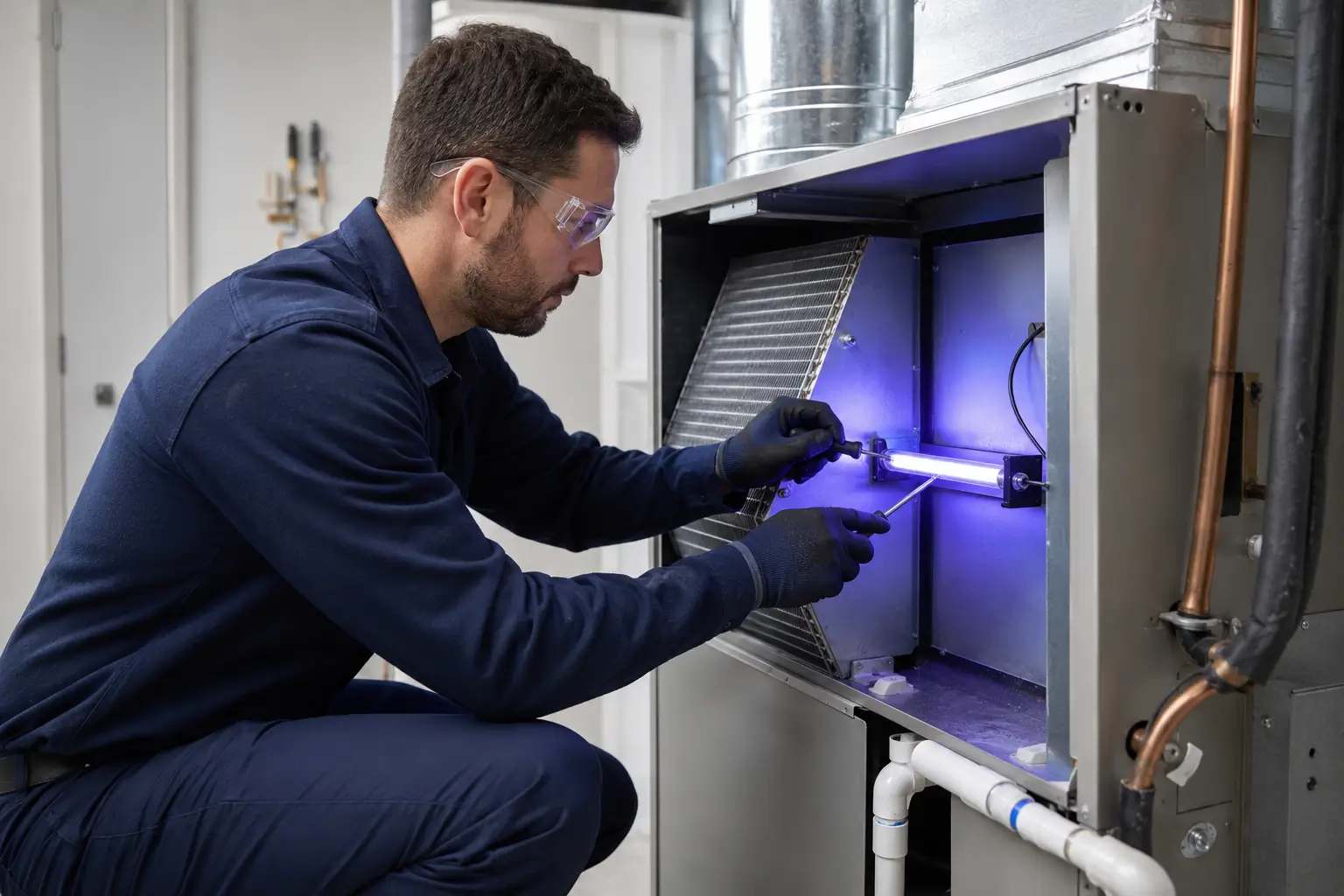 HVAC technician installing a UV light